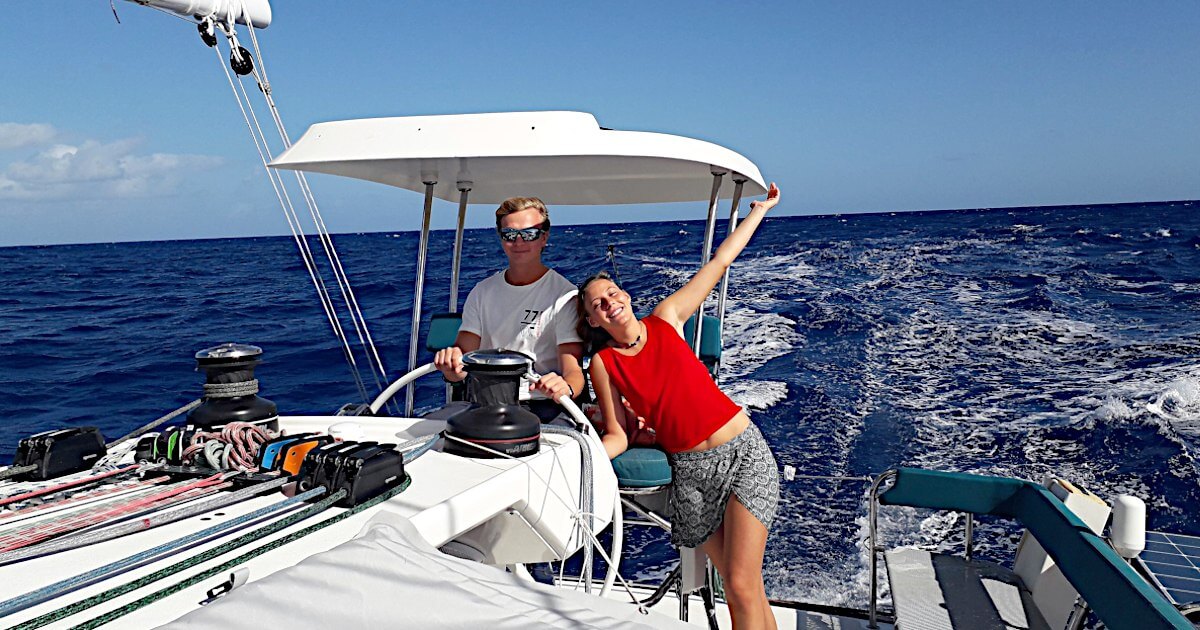 Watch leader Wedolin and Elodie at the raised helm station of the Rapido 60 trimaran Ineffable.