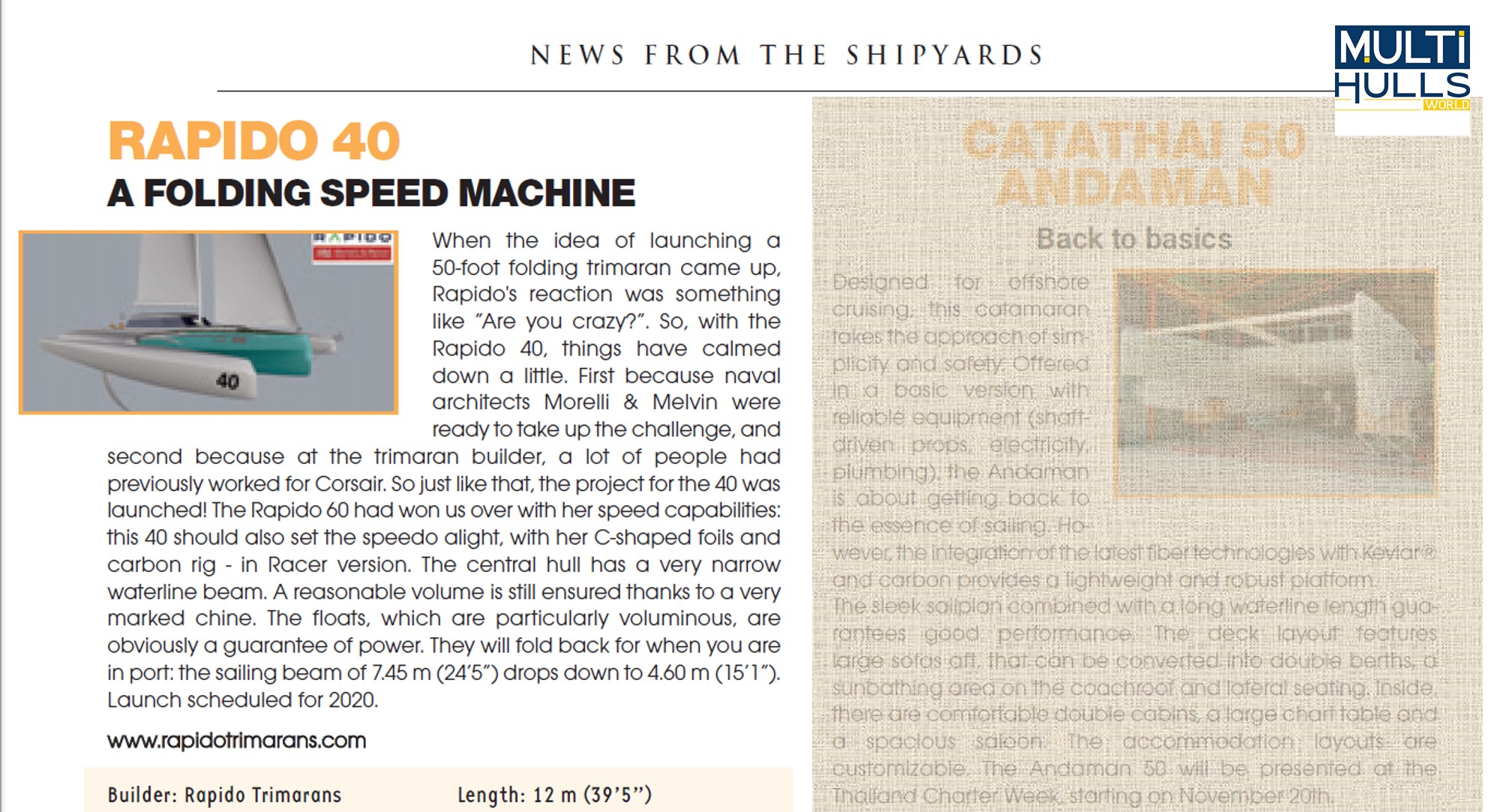 Rapido 40 a “folding speed machine” writes Multihulls World magazine
