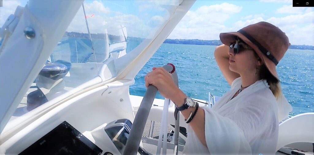 "She goes at lightning speed". Elayna at the helm of Rapido 60, Romanza. December 2019, Auckland, New Zealand.