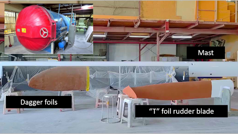 Rapido's manufacturing arm, Triac Composites, builds all the high tech prepreg items including masts, dagger ("C") foils and T foil rudders, which are cured in the autoclave.