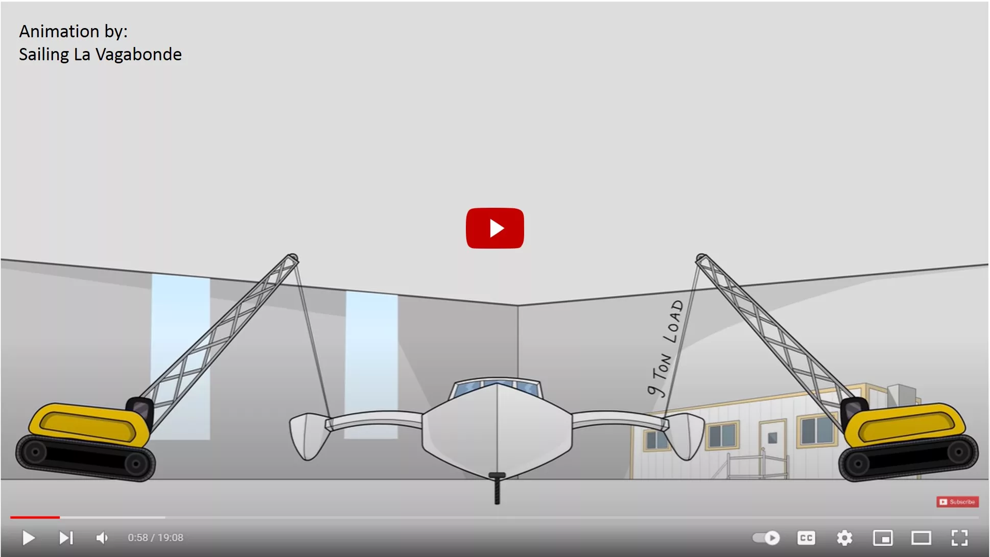 Two mobile cranes applied 9 tons of load onto the Rapido 60’s diagonal floats (fwd starboard float and aft port float) with the centre hull bolted to the concrete floor. The Rapido passed the test with flying colours! Click to play video at 0.44secs.