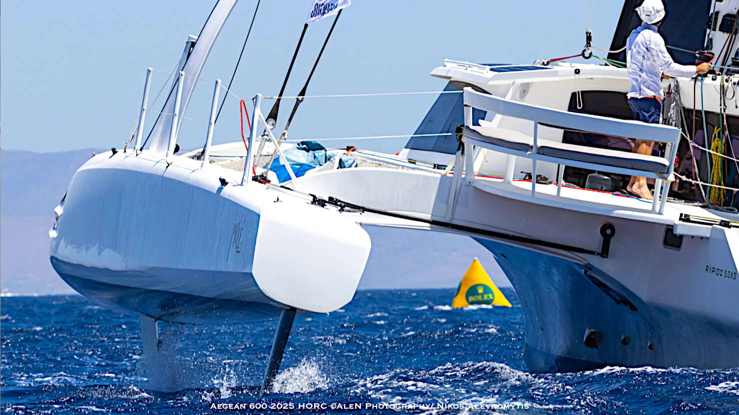 A Rapido 53XS in race mode with both C foils and twin T foil rudders. Aegean 600 2025 HORC © Alen Photography / Nikos Alevromytis.