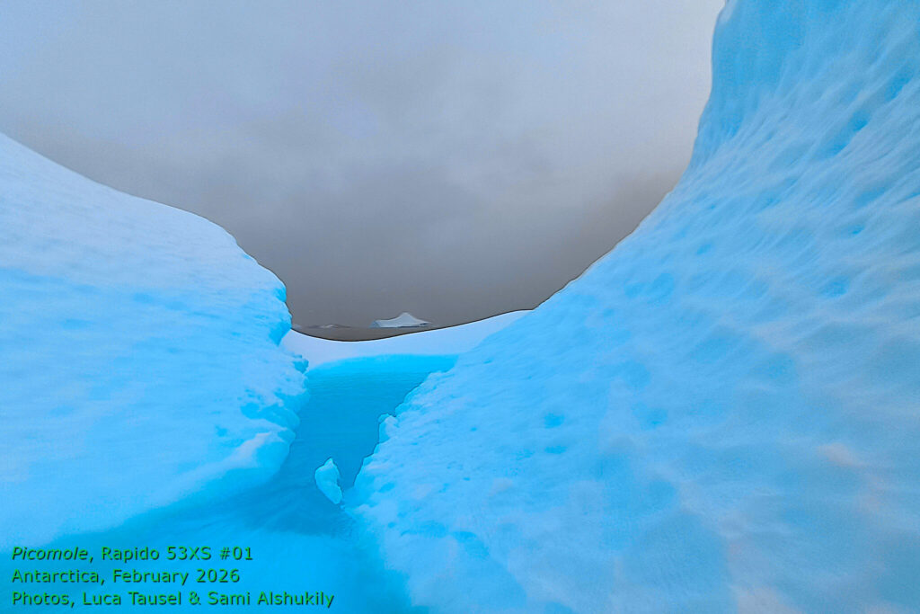 Rapido 53XS #01, Picomole, arrives in Antarctica, February 2026. Picomole is believed to be the first pleasure cruising trimaran to sail across the Drake Passage and cruise the Antarctic Peninsula. Photos by Luca Tausel & Sami Alshukily.