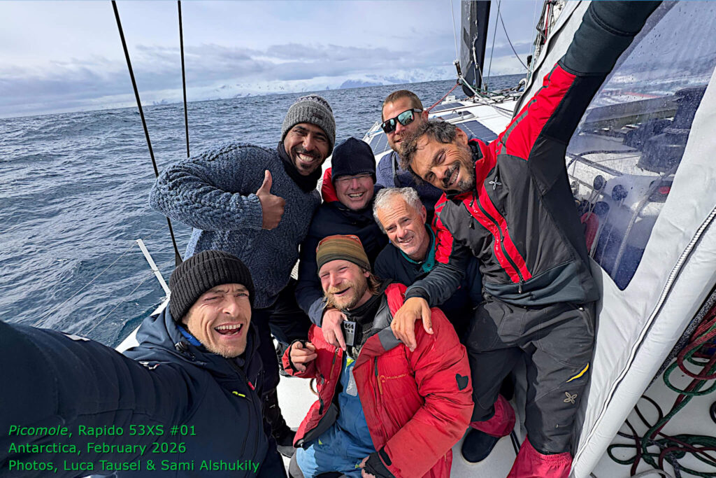 Rapido 53XS #01, Picomole, arrives in Antarctica, February 2026. Picomole is believed to be the first pleasure cruising trimaran to sail across the Drake Passage and cruise the Antarctic Peninsula. Photos by Luca Tausel & Sami Alshukily.