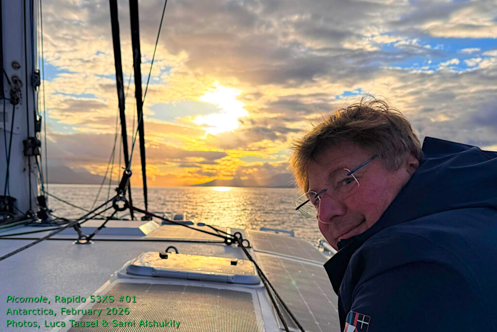 Rapido 53XS #01, Picomole, arrives in Antarctica, February 2026. Picomole is believed to be the first pleasure cruising trimaran to sail across the Drake Passage and cruise the Antarctic Peninsula. Photos by Luca Tausel & Sami Alshukily.