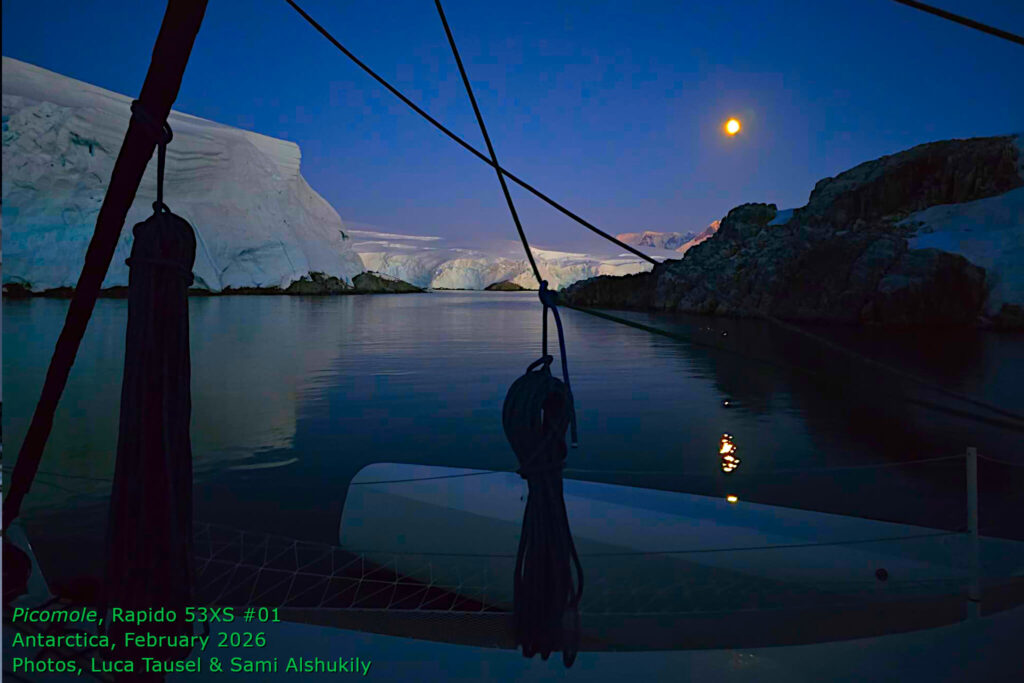 Rapido 53XS #01, Picomole, arrives in Antarctica, February 2026. Picomole is believed to be the first pleasure cruising trimaran to sail across the Drake Passage and cruise the Antarctic Peninsula. Photos by Luca Tausel & Sami Alshukily.