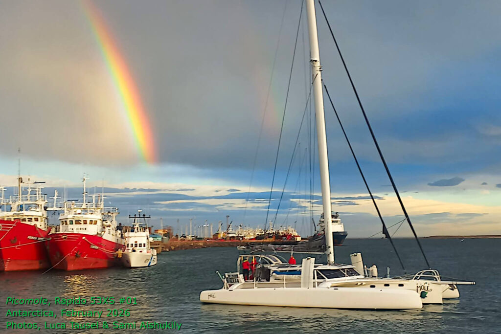 Rapido 53XS #01, Picomole, arrives in Antarctica, February 2026. Picomole is believed to be the first pleasure cruising trimaran to sail across the Drake Passage and cruise the Antarctic Peninsula. Photos by Luca Tausel & Sami Alshukily.