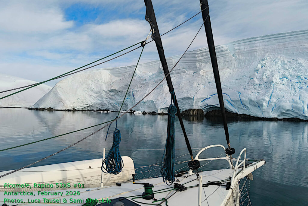 Rapido 53XS #01, Picomole, arrives in Antarctica, February 2026. Picomole is believed to be the first pleasure cruising trimaran to sail across the Drake Passage and cruise the Antarctic Peninsula. Photos by Luca Tausel & Sami Alshukily.