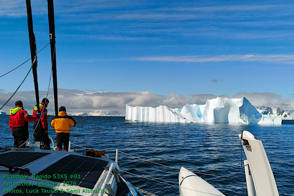 Rapido 53XS #01, Picomole, arrives in Antarctica, February 2026. Picomole is believed to be the first pleasure cruising trimaran to sail across the Drake Passage and cruise the Antarctic Peninsula. Photos by Luca Tausel & Sami Alshukily.