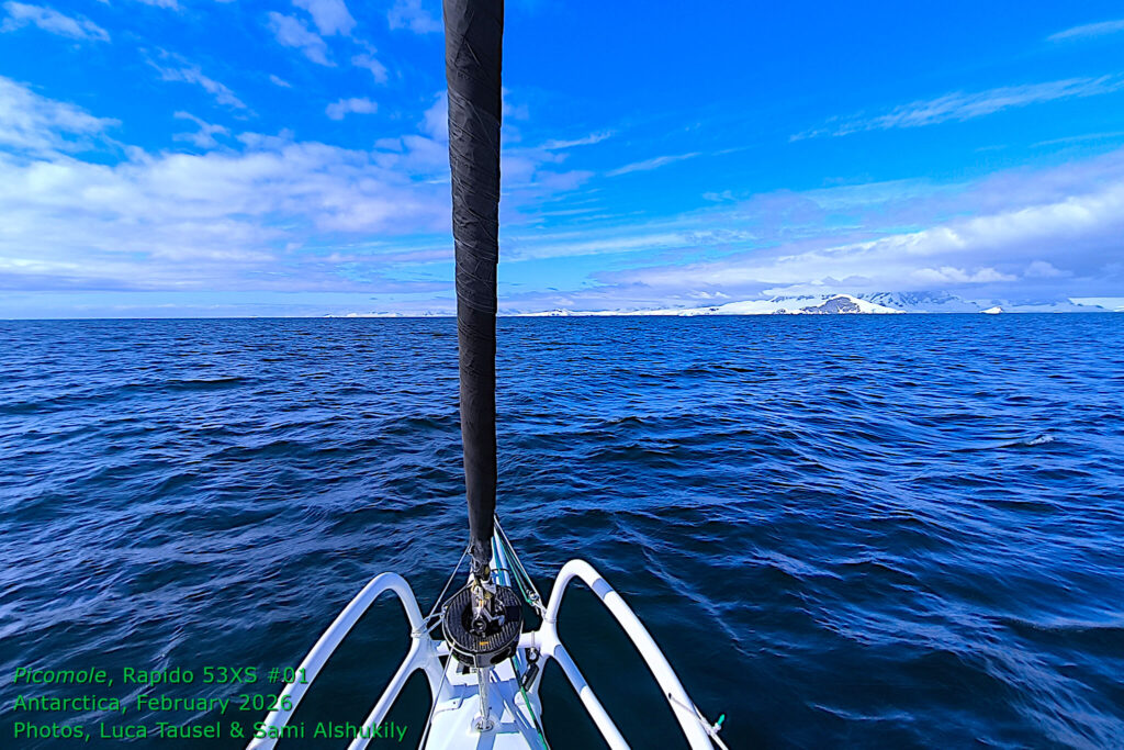 Rapido 53XS #01, Picomole, arrives in Antarctica, February 2026. Picomole is believed to be the first pleasure cruising trimaran to sail across the Drake Passage and cruise the Antarctic Peninsula. Photos by Luca Tausel & Sami Alshukily.