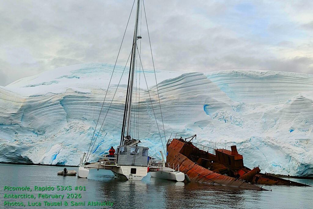Rapido 53XS #01, Picomole, arrives in Antarctica, February 2026. Picomole is believed to be the first pleasure cruising trimaran to sail across the Drake Passage and cruise the Antarctic Peninsula. Photos by Luca Tausel & Sami Alshukily.