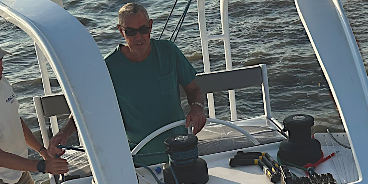 Paul Koch, co founder of Rapido Trimarans, at the helm of Rapido 53XS, Picomole. Paul Koch, co founder of Rapido Trimarans, at the helm of Rapido 53XS, Picomole.