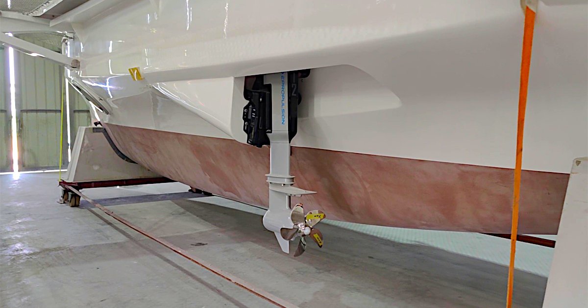 Retractable ePropulsion X12 electric outboard motor fitted beneath Rapido 40 Lightning (#014), showing the propeller and hull installation.