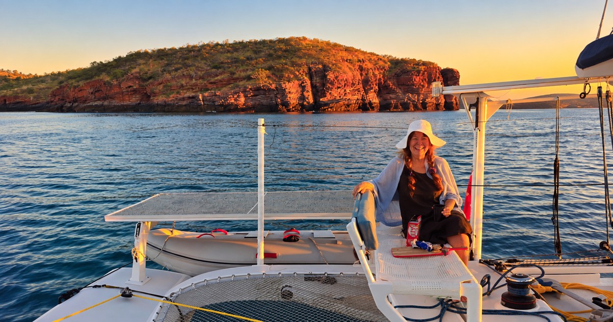 Meredith relaxing aboard Rapido 40 Lightning at Meredith Cove in Australia's remote Kimberley region.