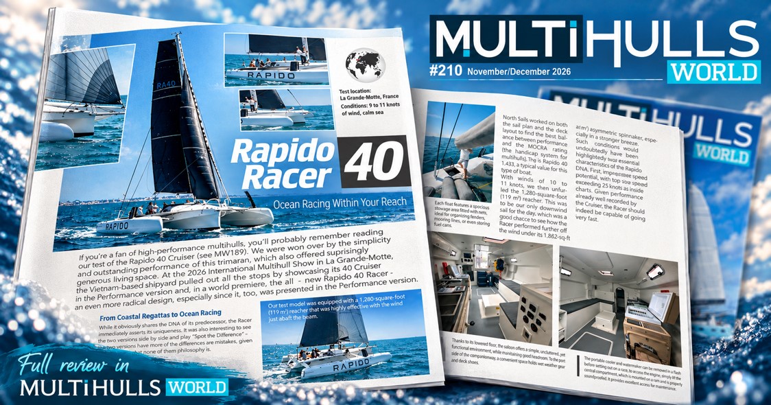 Multihulls World Rapido 40 Racer review, showing pages from the magazine’s independent sea trial and technical assessment.