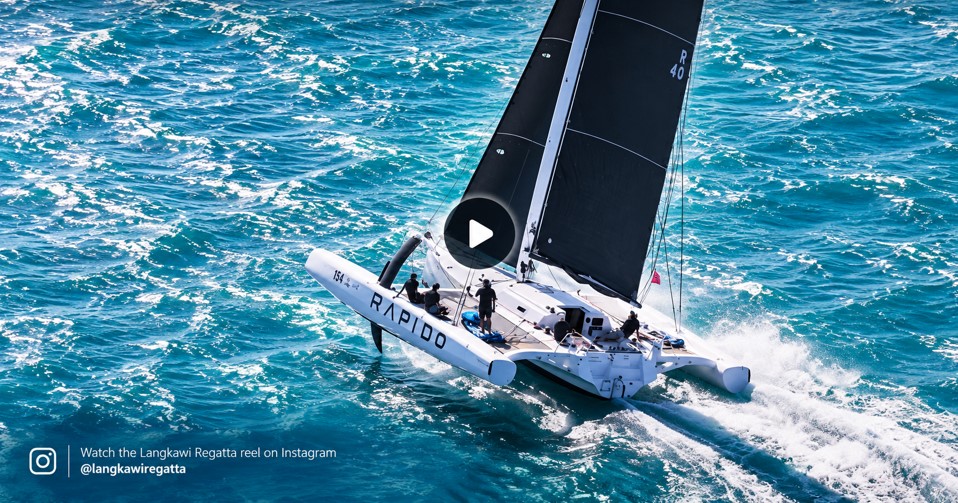 Rapido 40 Racer sailing at speed during the Royal Langkawi International Regatta, viewed from above.