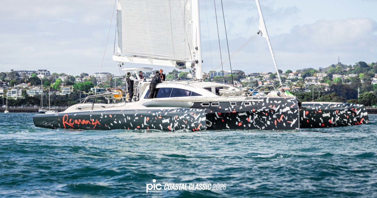 Rapido 60 Romanza trimaran at the start of the 2026 PIC Coastal Classic yacht race in Auckland, New Zealand.